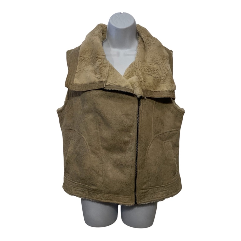 Olive Oak Womens Tan Faux Suede Sherpa Lined Moto Vest‎ L